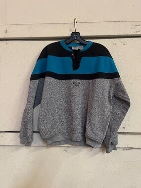 Vintage 90s Obey Gray Crewneck Sweater with Teal & Black Stripes and Pockets
